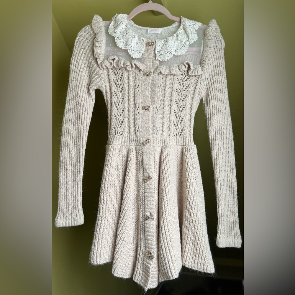 Liz Lisa Cream Knit Cardigan dress with Lace Collar